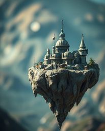 Explore a surreal floating island featuring bizarre architecture, enhanced by a captivating blurred bokeh effect and strong, 