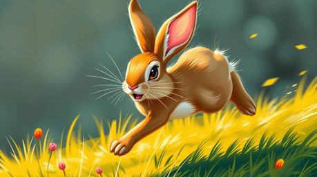 A graceful and elegant wacky rabbit with refined features is depicted outrunning a hunter in a scene filled with vibrant, com