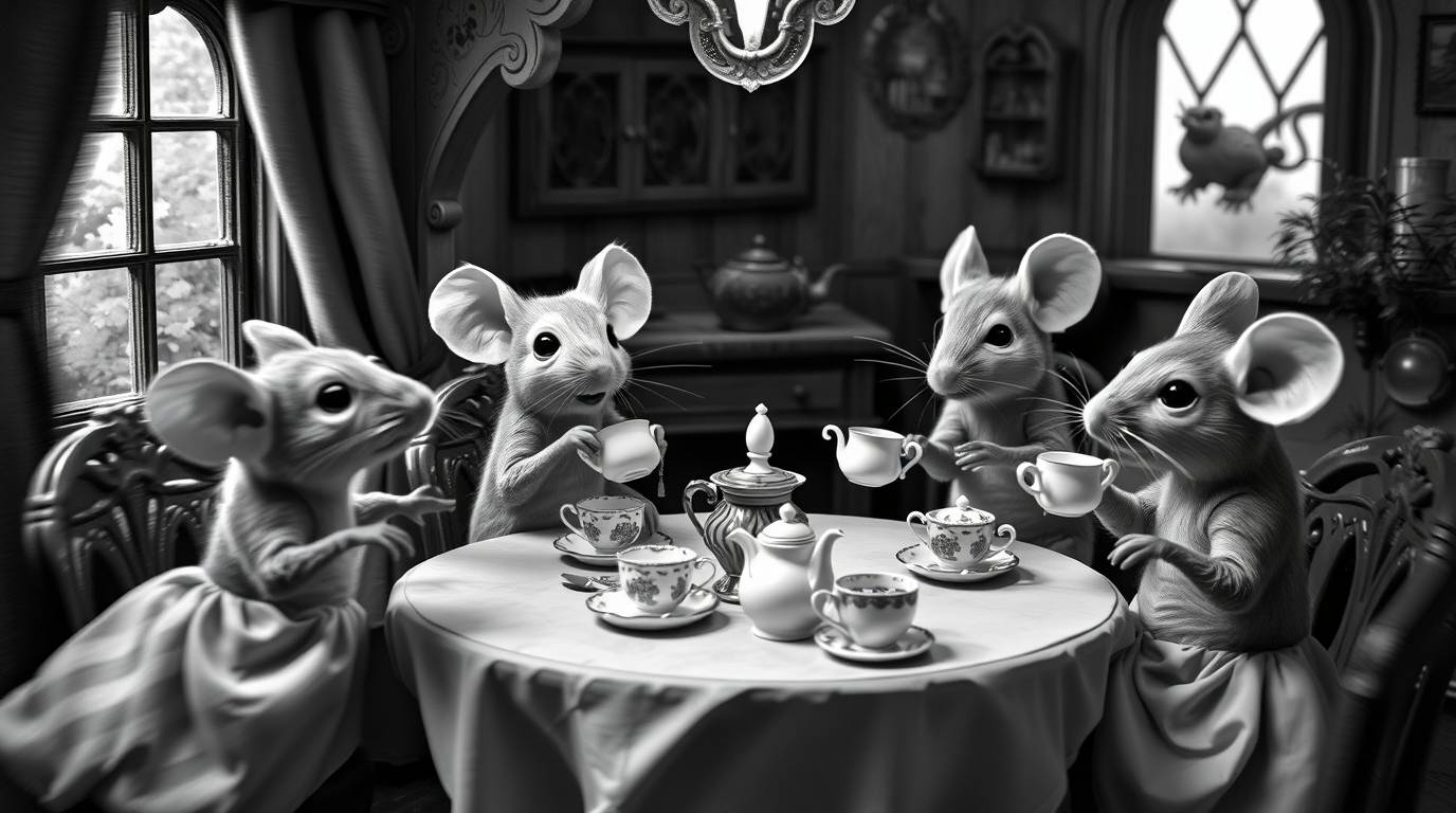A captivating black and white photograph depicts a dynamic tea party of anthropomorphic mice in a charming cottage.  Elegant 