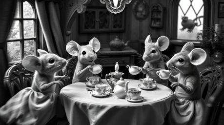 A captivating black and white photograph depicts a dynamic tea party of anthropomorphic mice in a charming cottage. Elegant
