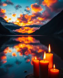 Warm candlelight illuminates a scene of iridescent colors shimmering over the reflections of fiery clouds in a mountain lake.