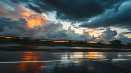 A captivating dynamic motion image showcases a wet, rainy thunderstorm scene dramatically lit by sunset.  The image features 