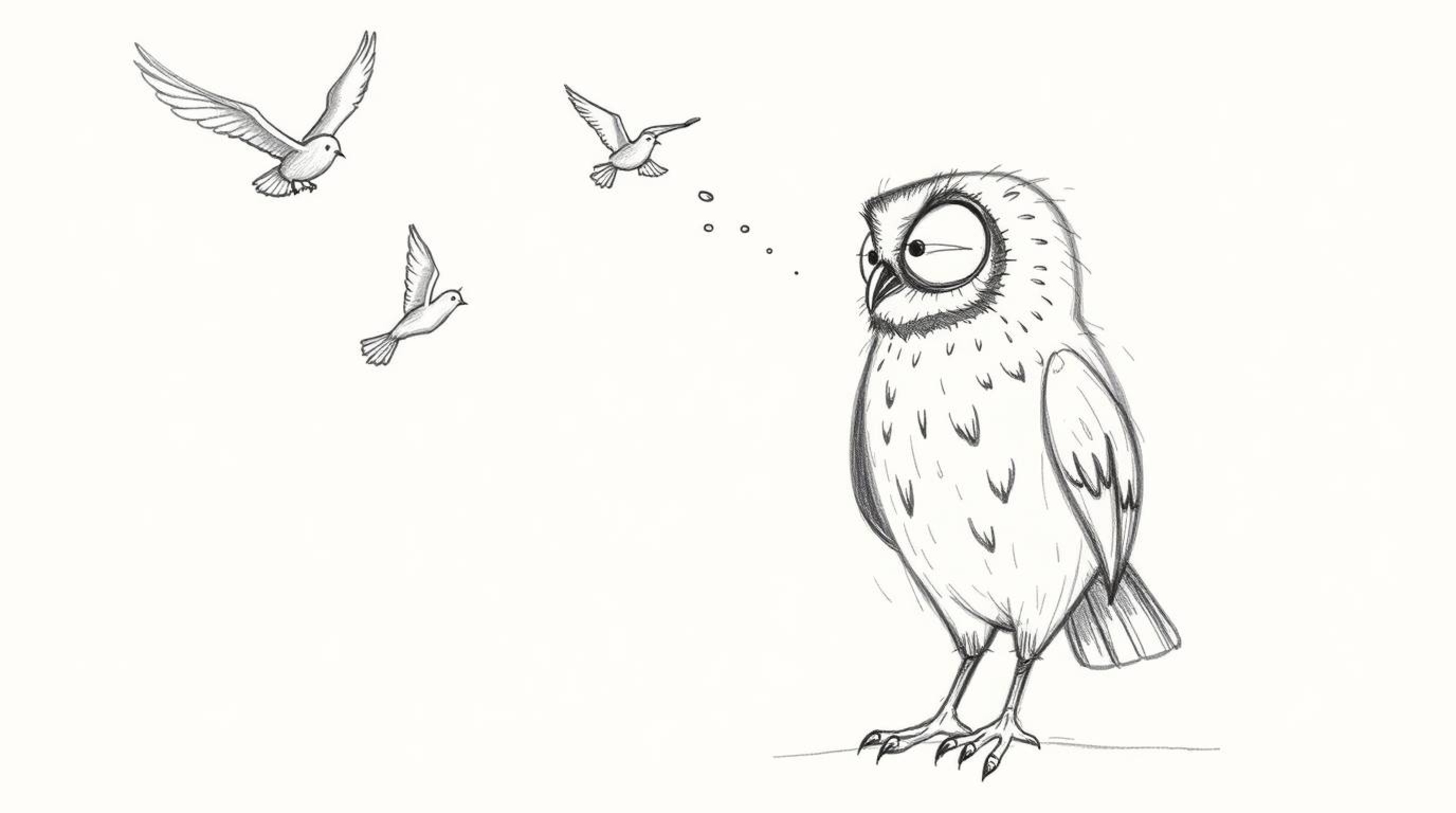A charming hand-drawn sketch in the style of Pixar depicts a heartwarming scene: a blind owl patiently teaching birds to fly.