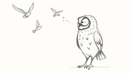 A charming hand-drawn sketch in the style of Pixar depicts a heartwarming scene: a blind owl patiently teaching birds to fly.