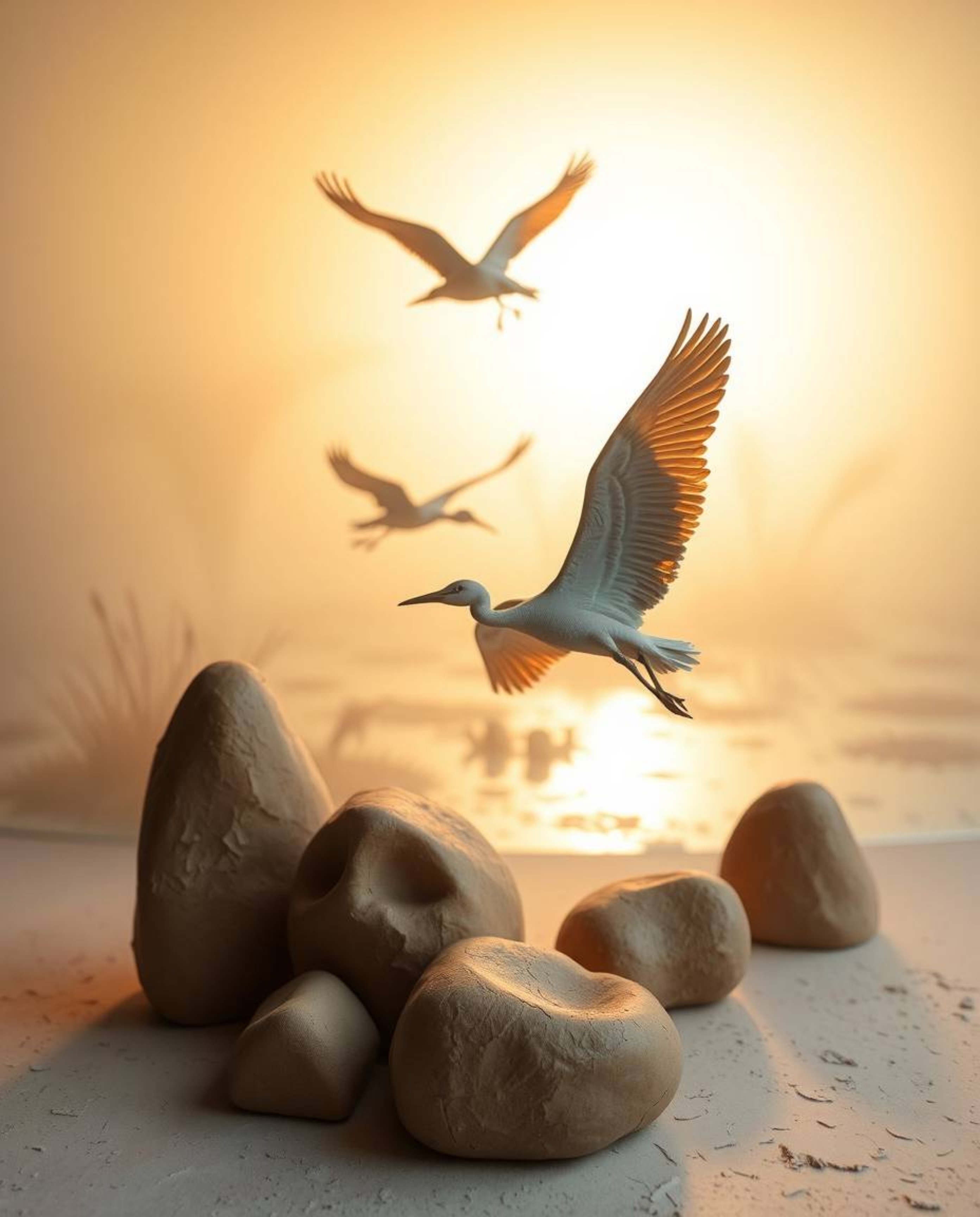 A sculptural clay artwork capturing a soft, dreamy atmosphere. This piece depicts herons in flight over wetlands, illuminated
