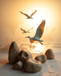 A sculptural clay artwork capturing a soft, dreamy atmosphere. This piece depicts herons in flight over wetlands, illuminated