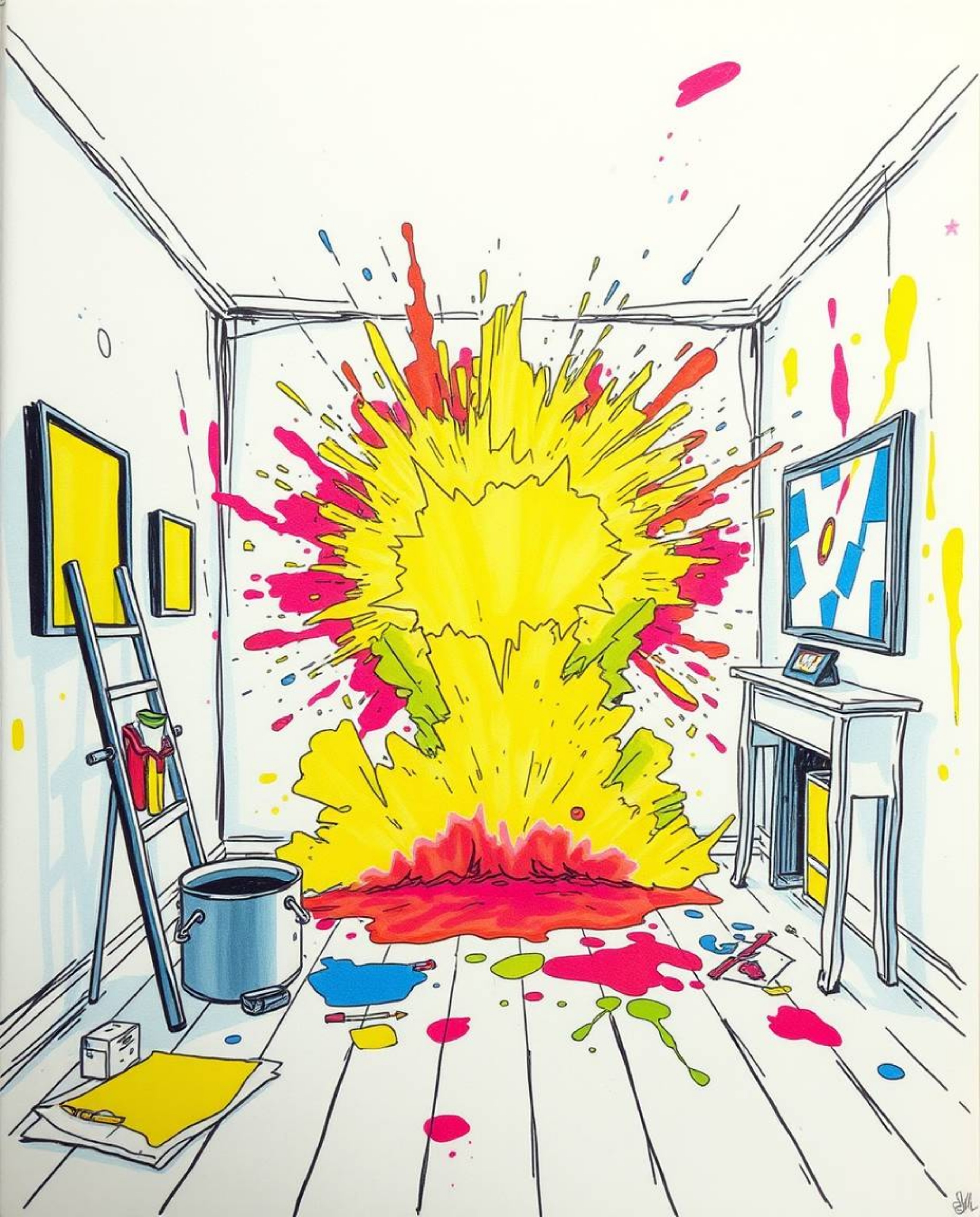 A captivating hand-drawn color sketchnote vividly depicts a room exploding with paint, rendered in a dramatic cinematic style