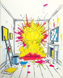 A captivating hand-drawn color sketchnote vividly depicts a room exploding with paint, rendered in a dramatic cinematic style