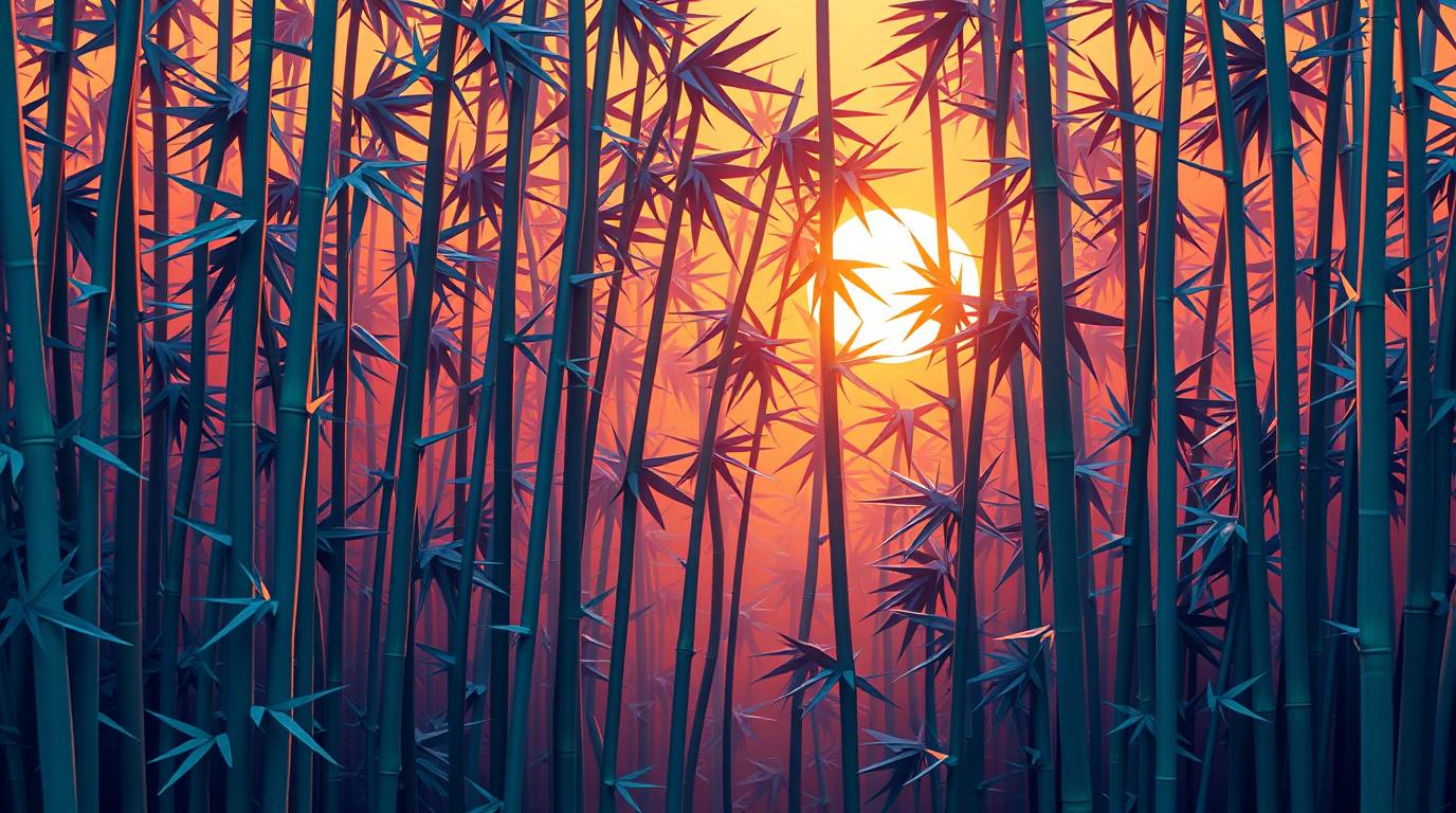 This art piece depicts an intricate origami-style bamboo forest awash in the golden hues of a warm sunset. Rendered in cool b