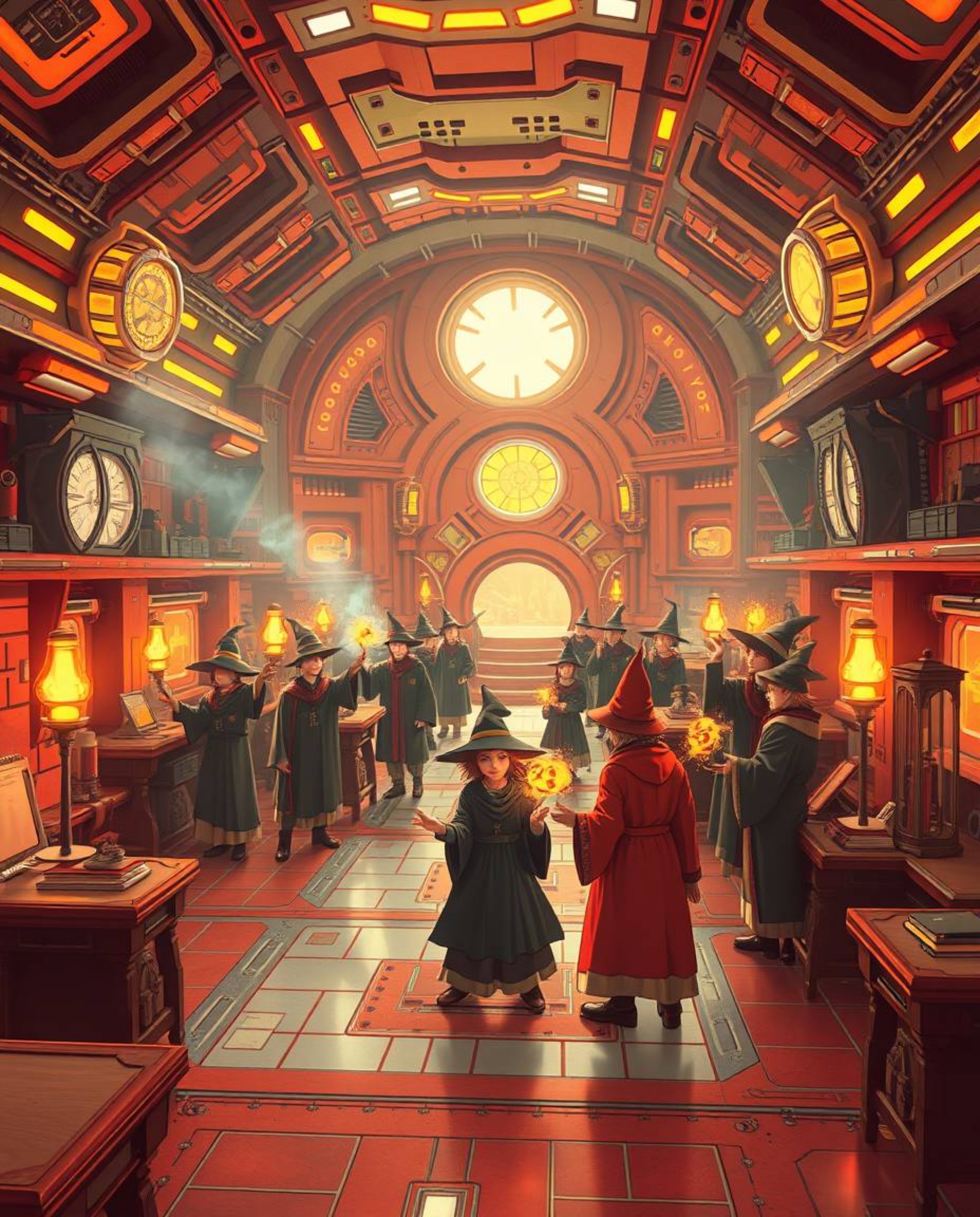Immerse yourself in a magical school brimming with young wizards, visualized in a warm and captivating futuristic sci-fi styl