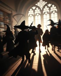 Dramatic silhouettes of young wizards in action at a magical school.  The image features dynamic motion, blurred lines, and b