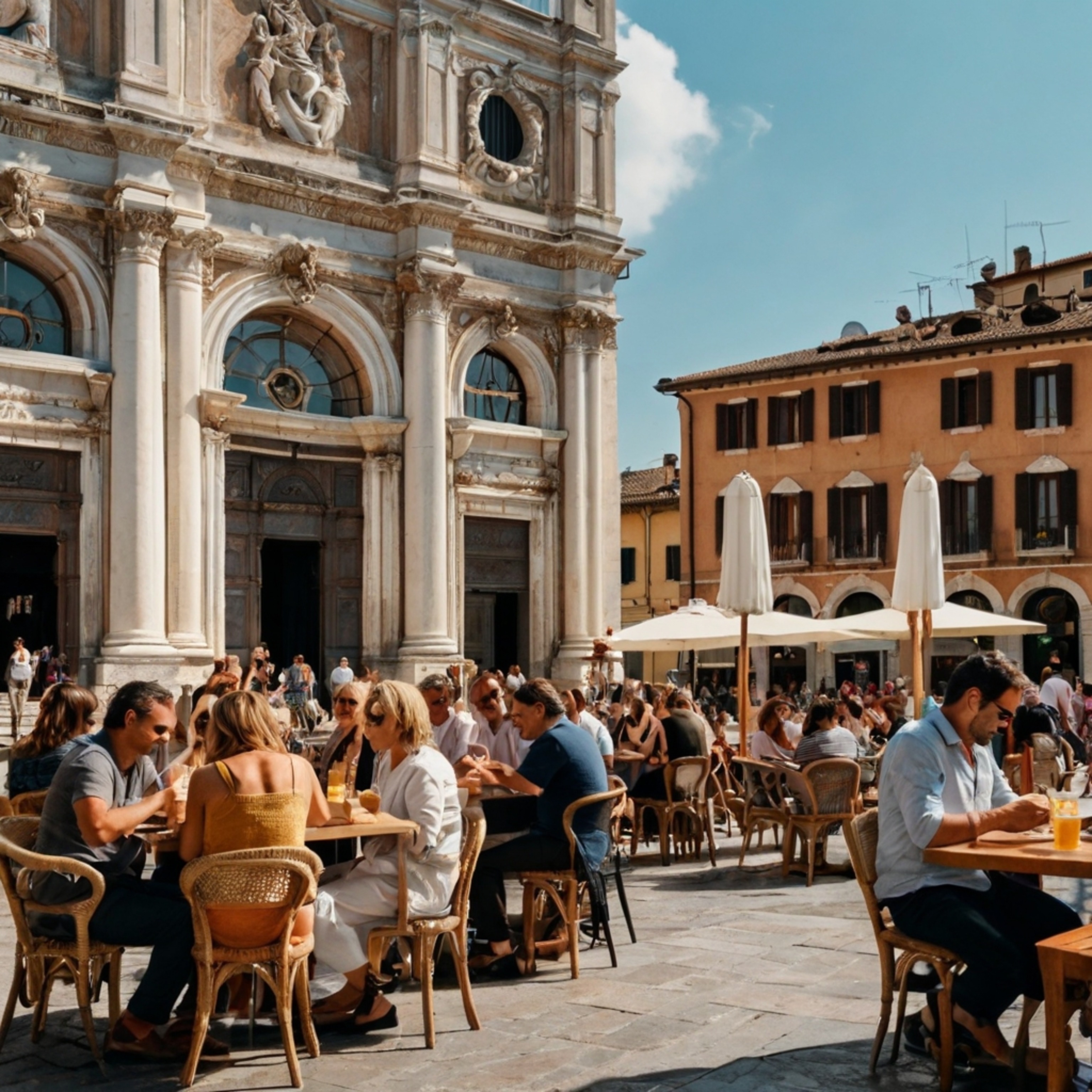 Experience the vibrant energy of a bustling Italian piazza, complete with stunning stone buildings and an ornate fountain as