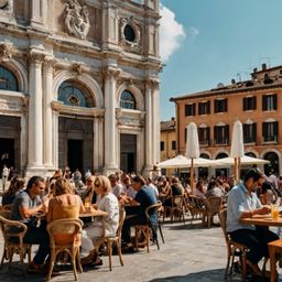 Experience the vibrant energy of a bustling Italian piazza, complete with stunning stone buildings and an ornate fountain as 