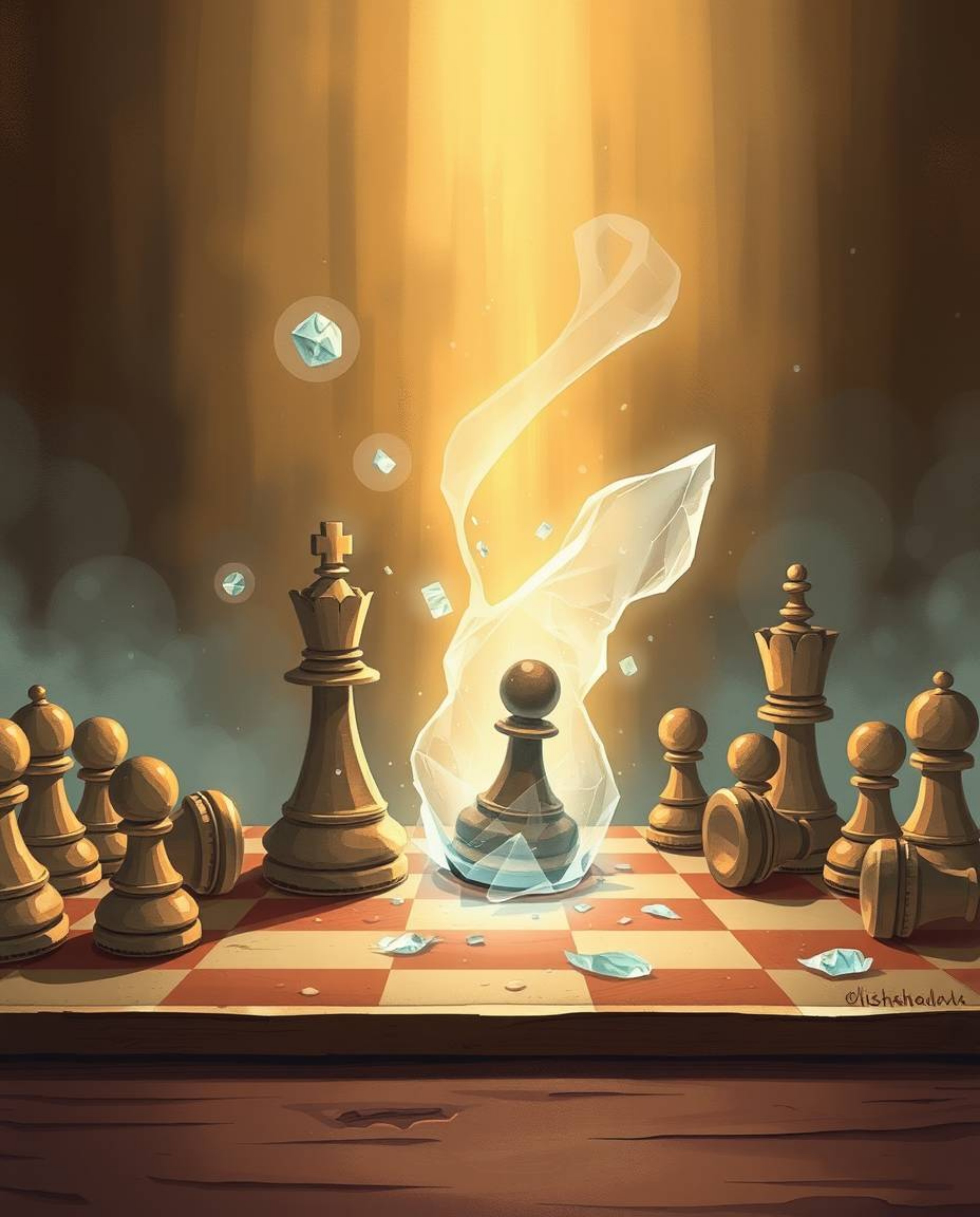 A captivating illustration showcases a chessboard frozen mid-destruction, its pieces suspended in mid-air.  Emitting a soft, 