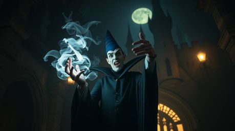 A captivating fine art photograph showcasing a classic Disney villain casting a spell within the aged walls of an old castle.