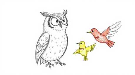 A heartwarming hand-drawn sketch in a textured pencil style depicts a large, wise-looking blind owl teaching colorful birds h