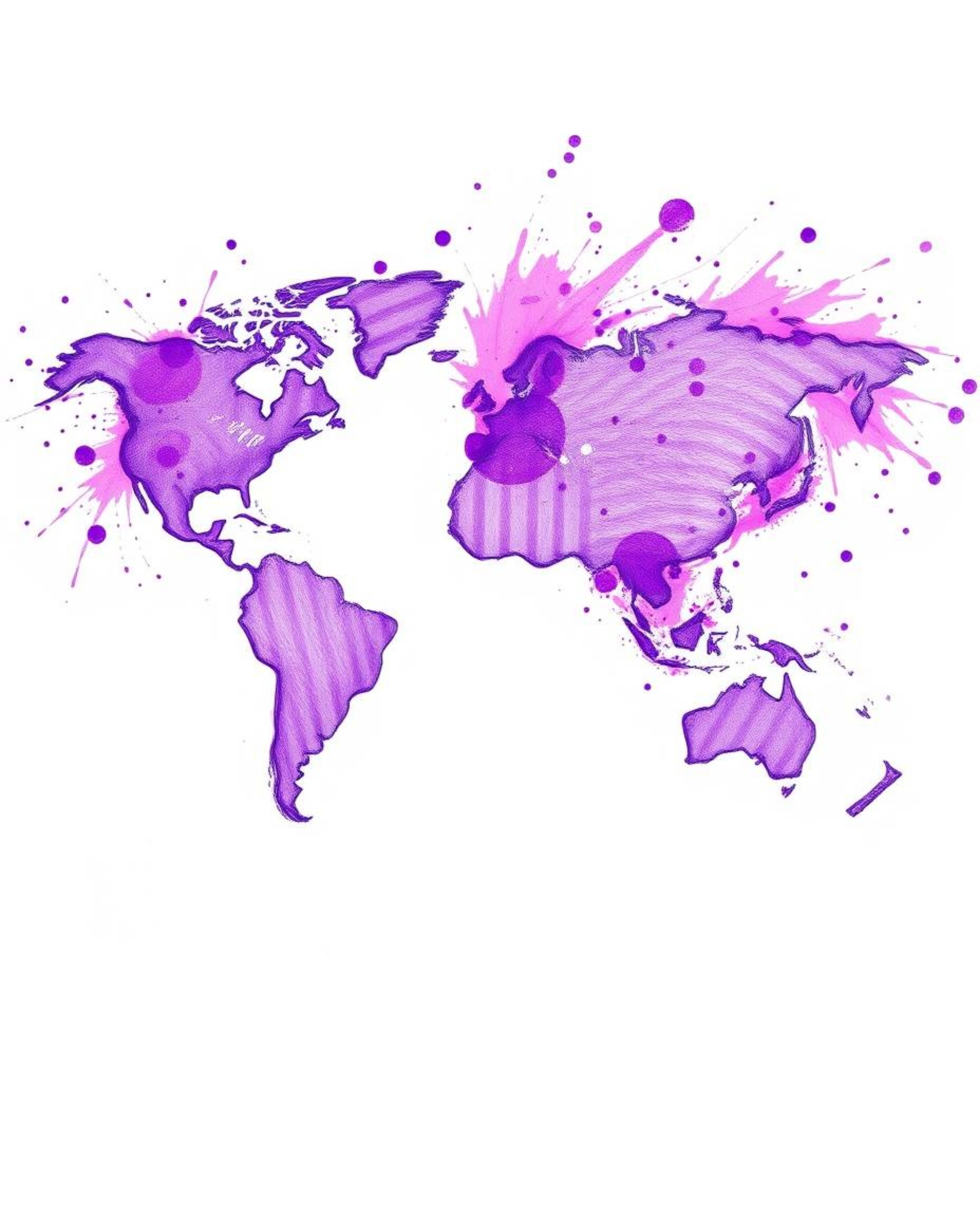This artwork features a hand-drawn sketch with deep ultraviolet hues and bright, colorful splashes that form a world map, rep