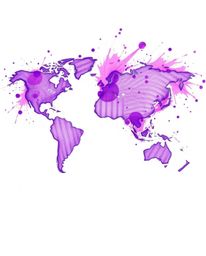 This artwork features a hand-drawn sketch with deep ultraviolet hues and bright, colorful splashes that form a world map, rep