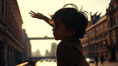 A captivating image depicting a young boy silhouetted against the vibrant London skyline.  Rendered in natural earth tones wi