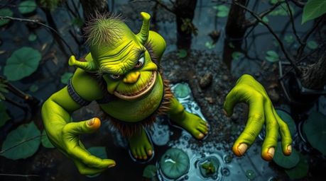 A high-angle perspective captures an ogre with green skin and bulging eyes joyfully dancing in a swamp. The scene bursts with