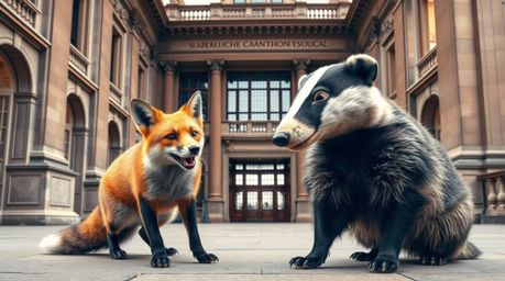A captivating wide-angle architectural photograph depicts a fox and badger duo engaging in mischievous antics.  The image fea