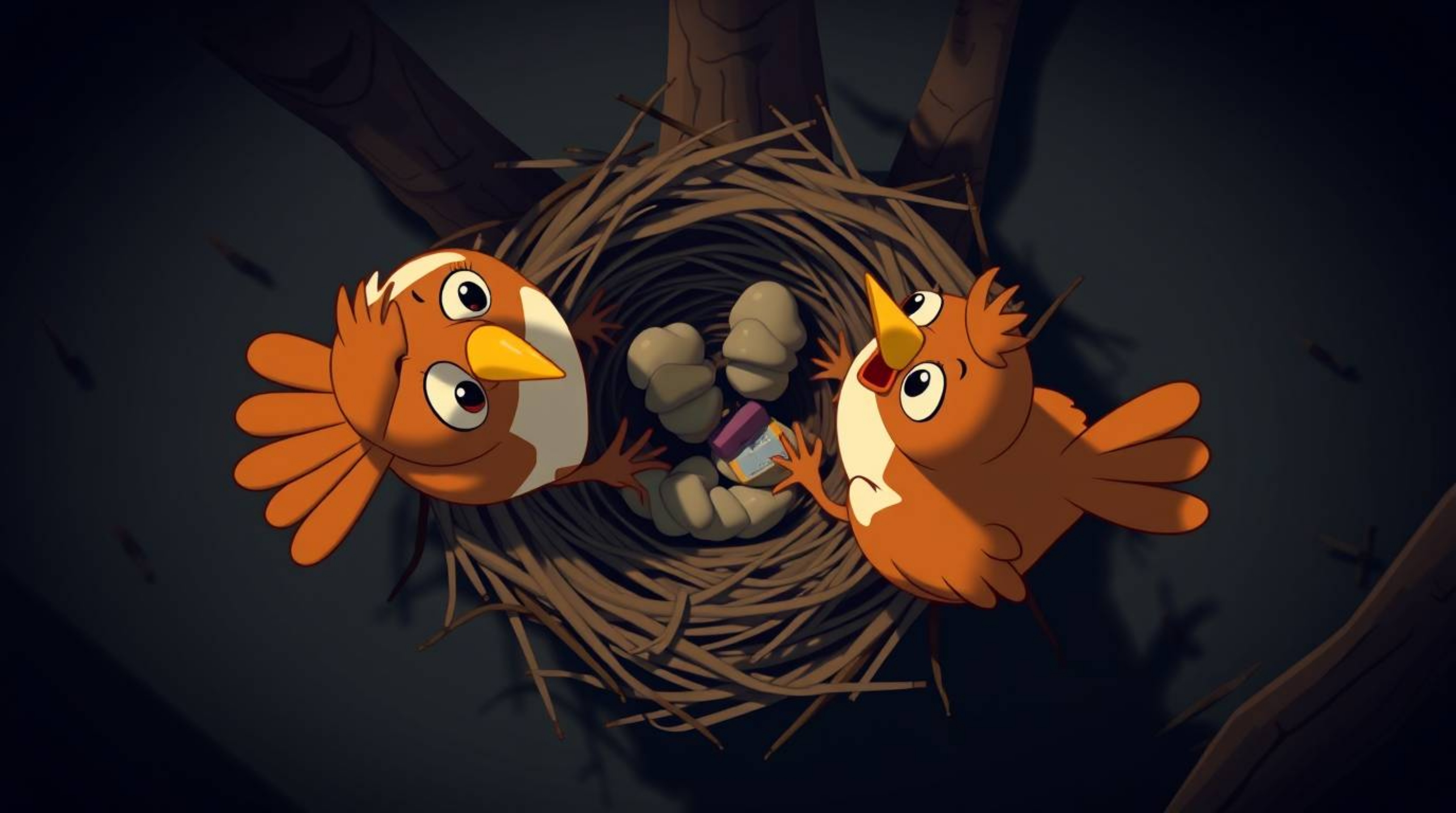 Overhead bird's eye view captures two cartoon birds diligently building a nest in a classic animation style. The image featur