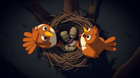 Overhead bird's eye view captures two cartoon birds diligently building a nest in a classic animation style. The image featur