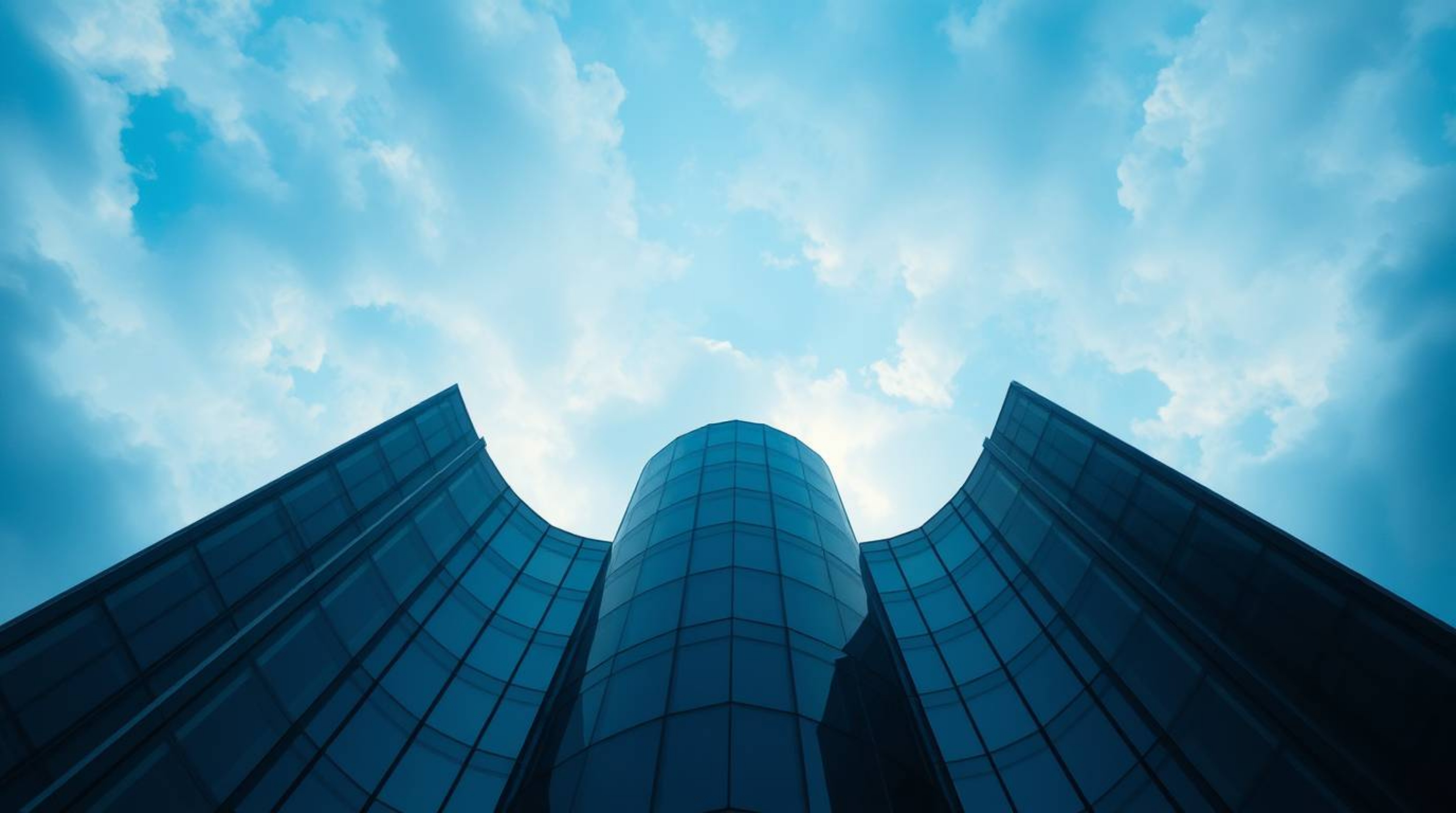 A captivating image of a modern glass building seemingly dissolving into the sky, where soft clouds gently blend into its str