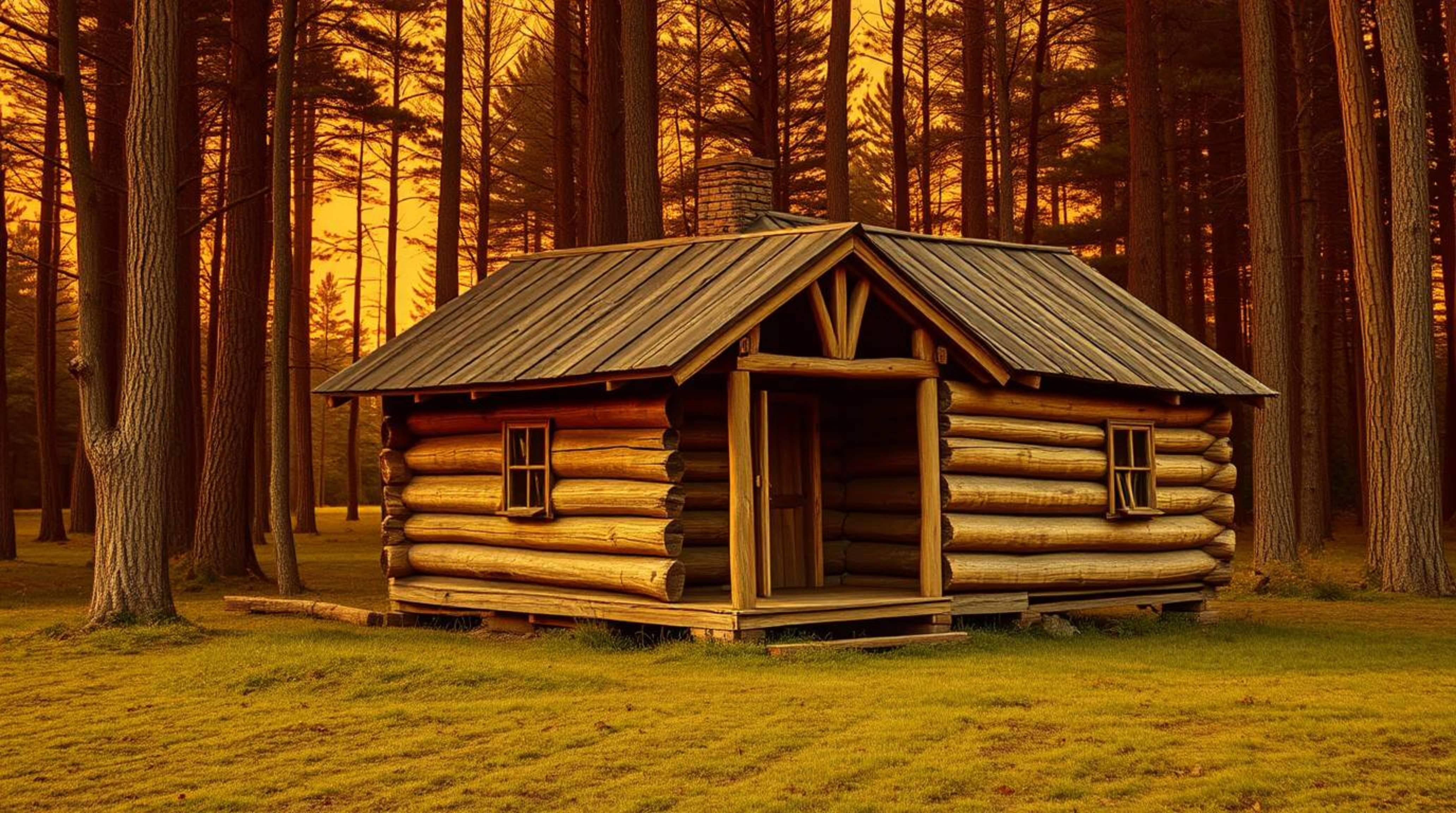 Discover a captivating image of an old wooden cabin nestled in a sunset woods.  Rendered with a cast bronze surface, this art