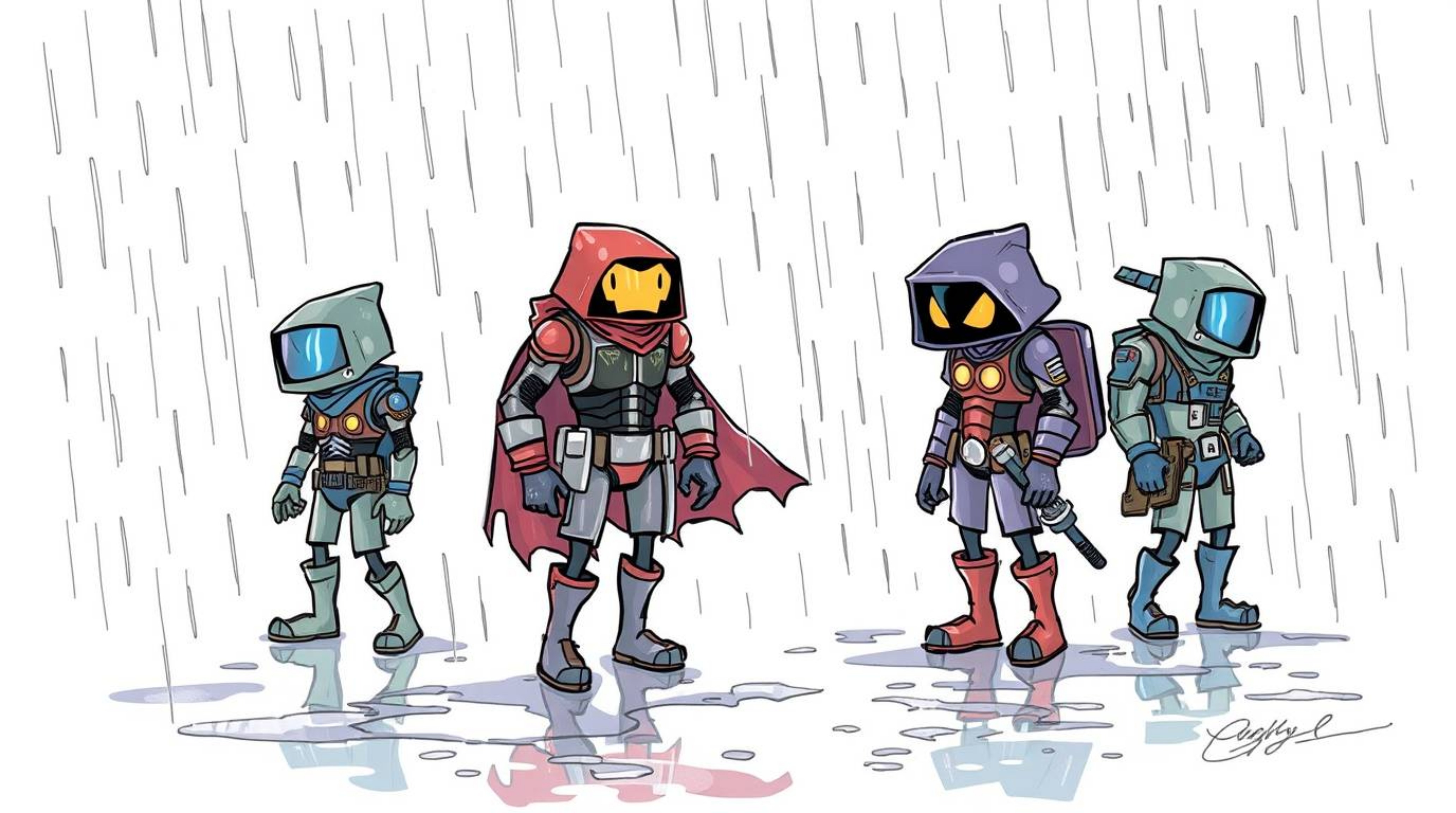 A vibrant color sketchnote depicts a quirky team of misfit heroes braving a downpour.  The illustration showcases reflective 
