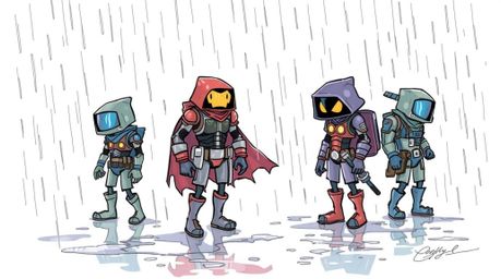 A vibrant color sketchnote depicts a quirky team of misfit heroes braving a downpour.  The illustration showcases reflective 