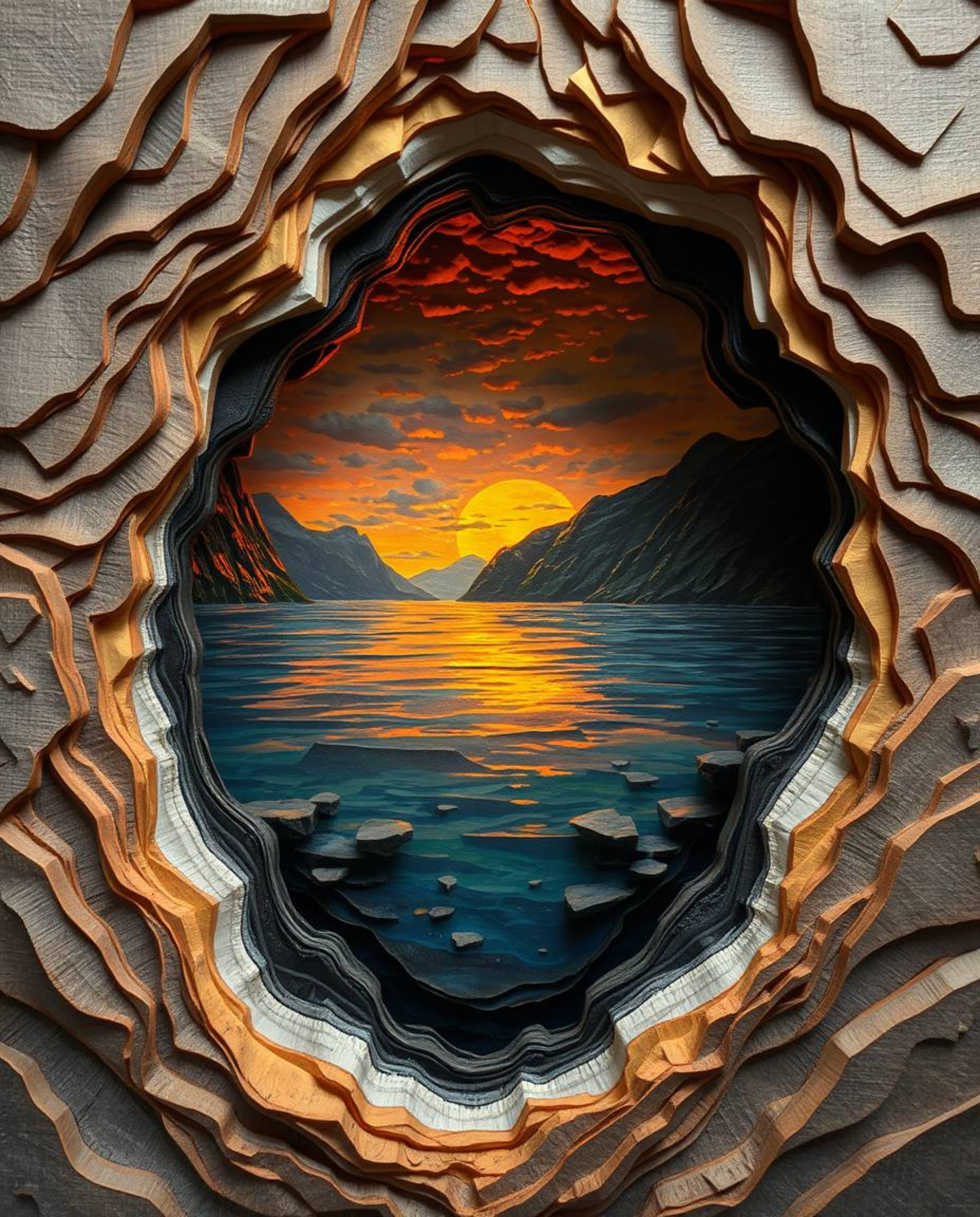 A layered papier-mâché sculpture reflecting a sunset in a glassy fjord. The artwork features sculpted and textured layers, co