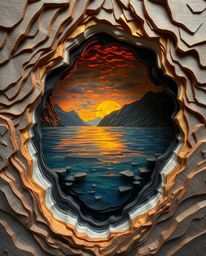 A layered papier-mâché sculpture reflecting a sunset in a glassy fjord. The artwork features sculpted and textured layers, co