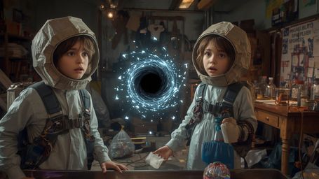 In a highly detailed, cinematic photograph reminiscent of Pixar's style, a science fair duo stands in a cluttered, makeshift 