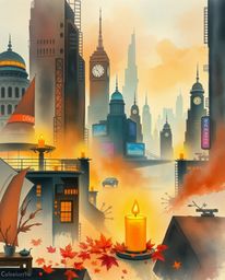 A delicate watercolor painting captures a futuristic cyberpunk cityscape illuminated by the warm glow of candlelight. Translu