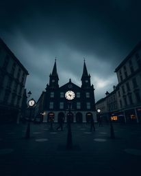 A captivating moody photograph capturing an empty town square dominated by the sound of ticking clocks.  Shot from a unique l