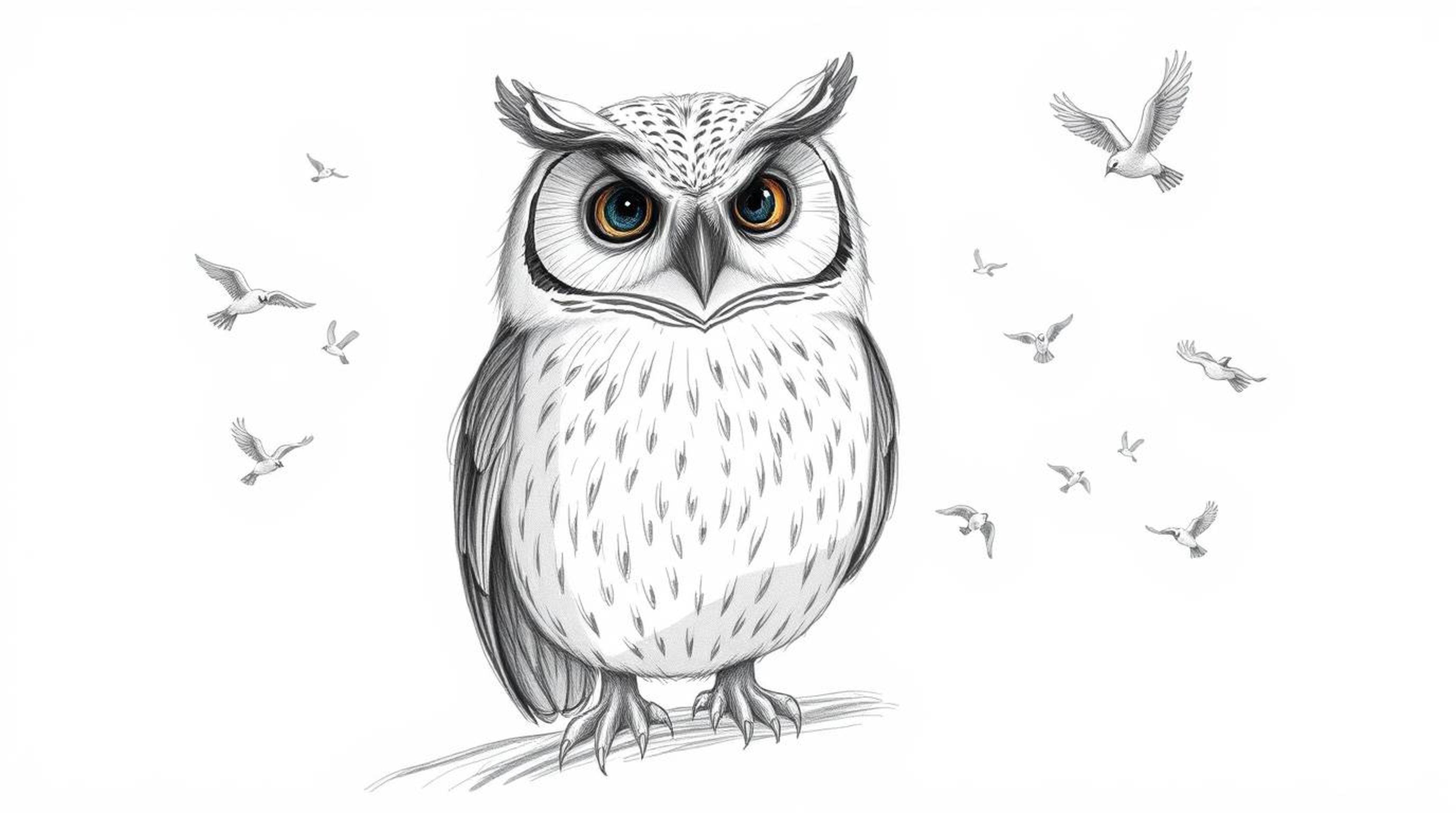 A heartwarming Pixar-style hand-drawn sketch depicting a serene blind owl, intricately detailed with textured pencil strokes,