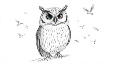 A heartwarming Pixar-style hand-drawn sketch depicting a serene blind owl, intricately detailed with textured pencil strokes,