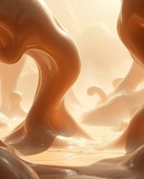 Explore a hyperrealistic sci-fi environment showcasing surreal 3D fluid shapes reminiscent of melted glass. Earth tones, domi