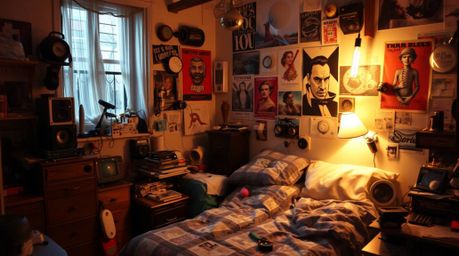 A creative light art piece depicts a messy bedroom filled with strange gadgets and posters, all brought to life by artistic l
