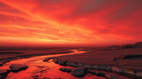 This captivating cast bronze sculpture features a winding river illuminated by a dramatic orange-pink sky, rendered in surrea