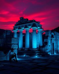 Discover ancient stone ruins at sunset, bathed in the sophisticated and elegant glow of bioluminescent colors. This artwork f