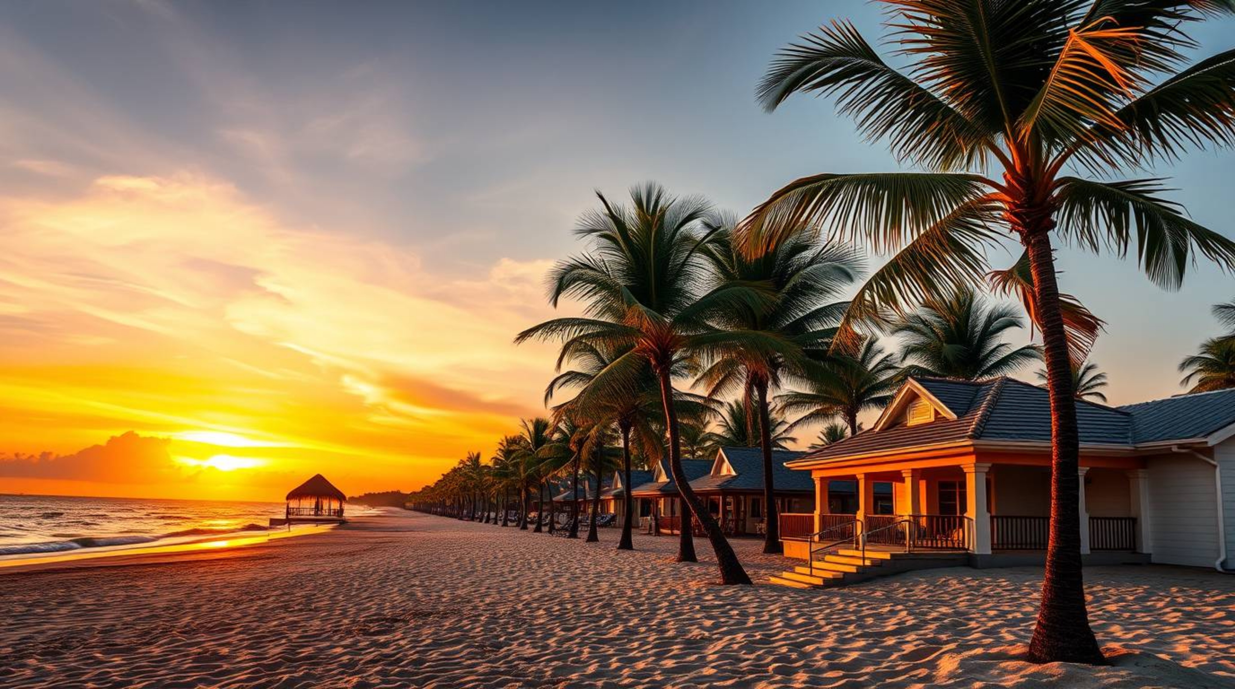 Capture the breathtaking beauty of a tropical beach sunset with this stunning architectural photography.  The image showcases
