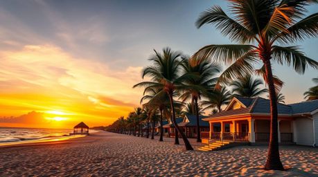 Capture the breathtaking beauty of a tropical beach sunset with this stunning architectural photography.  The image showcases