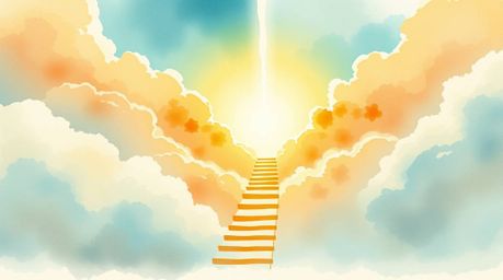 A delicate watercolor painting depicts a golden staircase ascending through clouds to a radiant heaven. Sunlight streams thro
