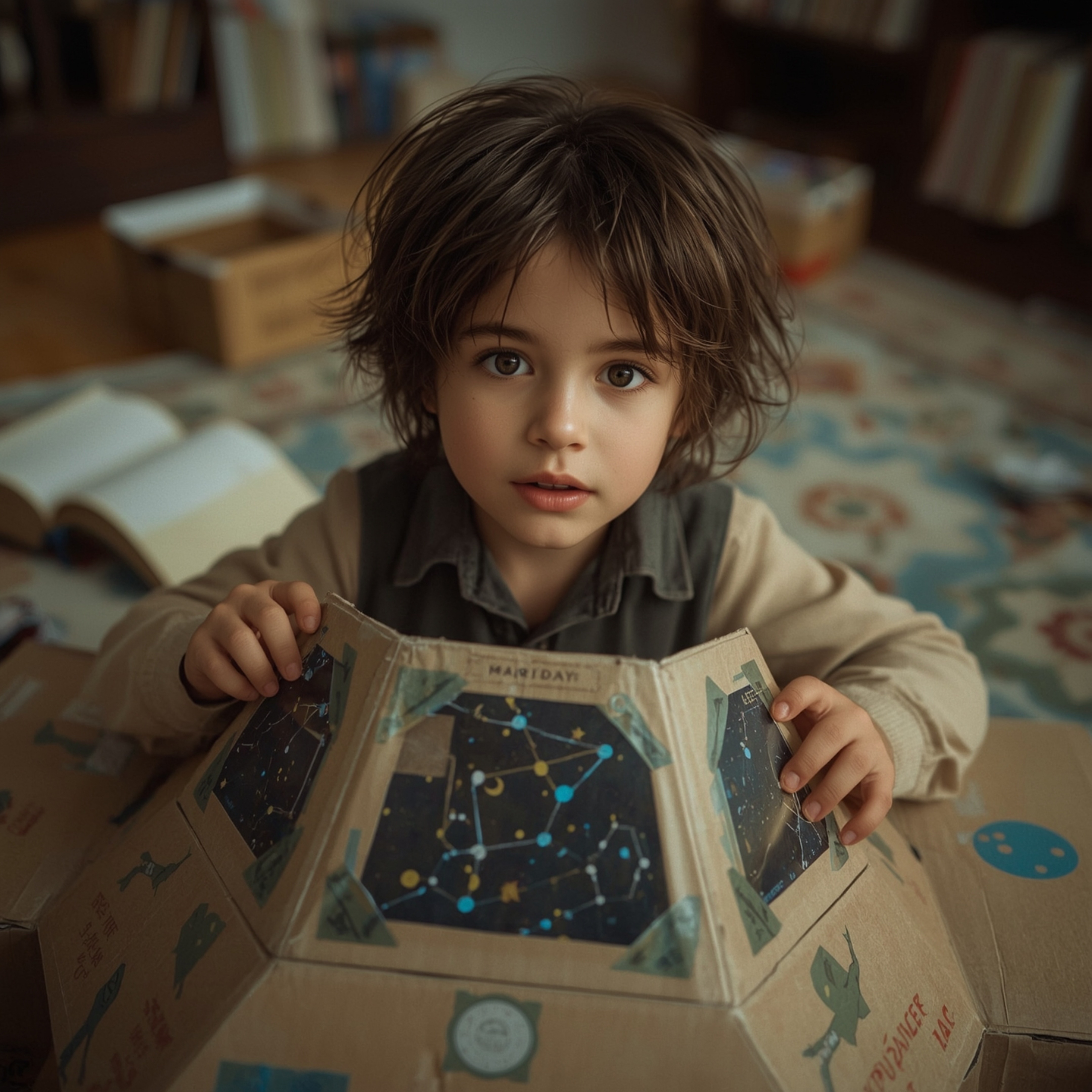 A stunning high-fashion photograph capturing a young boy with messy brown hair and bright, curious eyes, deeply engrossed in 
