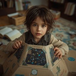 A stunning high-fashion photograph capturing a young boy with messy brown hair and bright, curious eyes, deeply engrossed in 