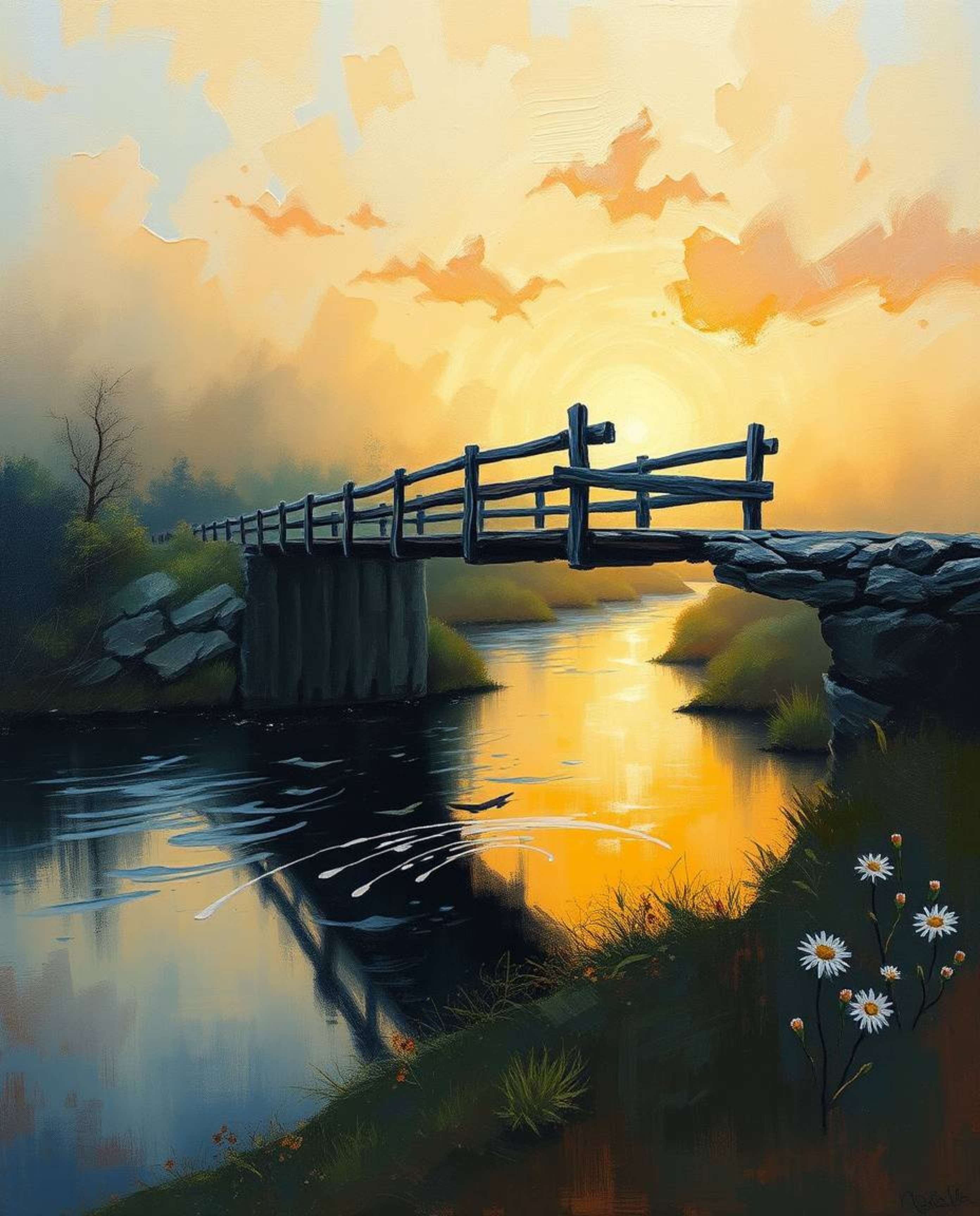 An ethereal and spiritual oil painting captures an old wooden bridge over a river at sunset. The artwork is distinguished by 