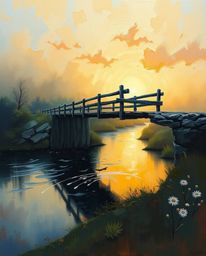 An ethereal and spiritual oil painting captures an old wooden bridge over a river at sunset. The artwork is distinguished by 