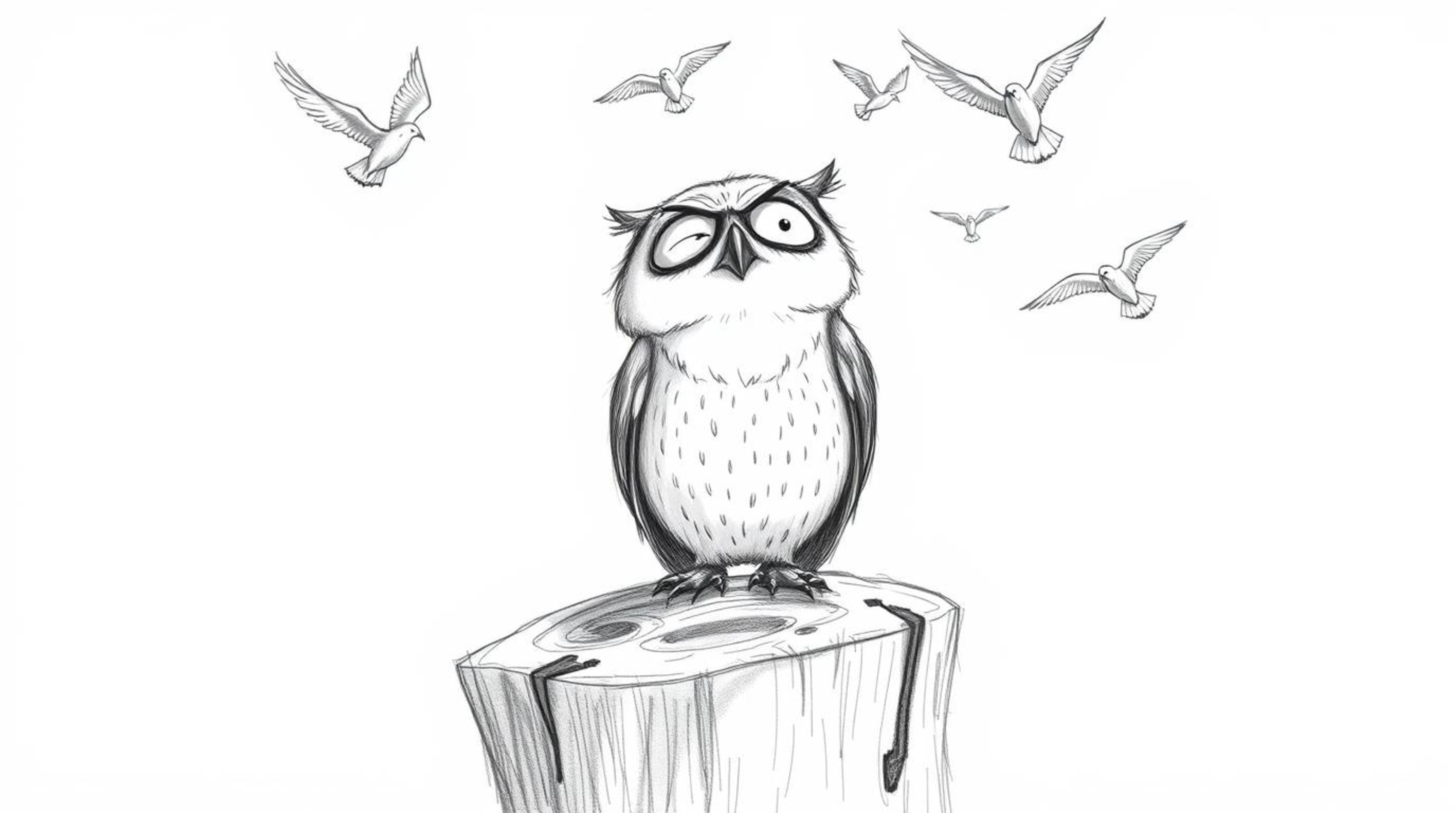 A heartwarming hand-drawn pencil sketch in the style of Pixar depicts a blind owl, perched joyfully on a tree stump with subt